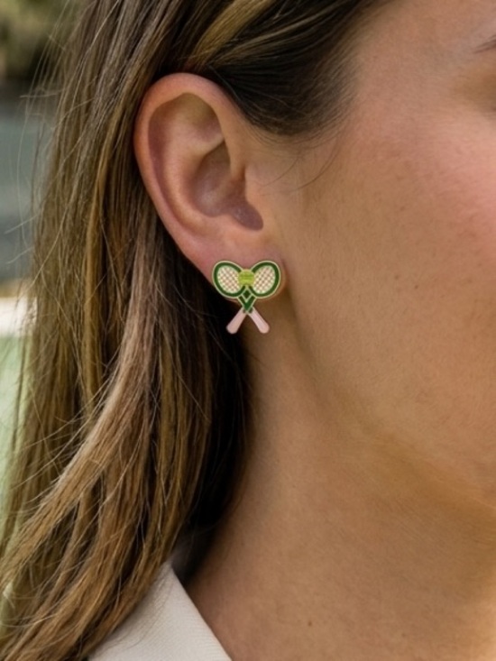 Jewelry - Tennis Racket & Ball Enamel Earrings in Green and Pink